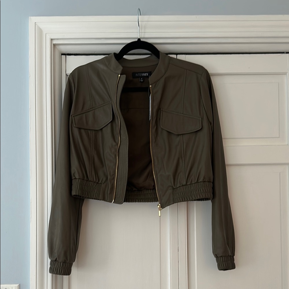 INTERMIX Green/Brown Bomber Jacket Ribbed Cuffs Stylish